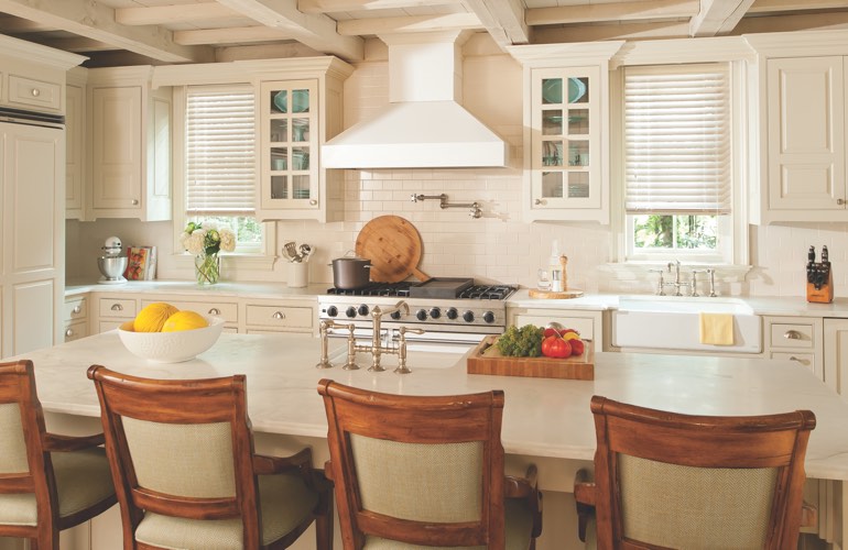 Blinds covering the windows of a modern kitchen